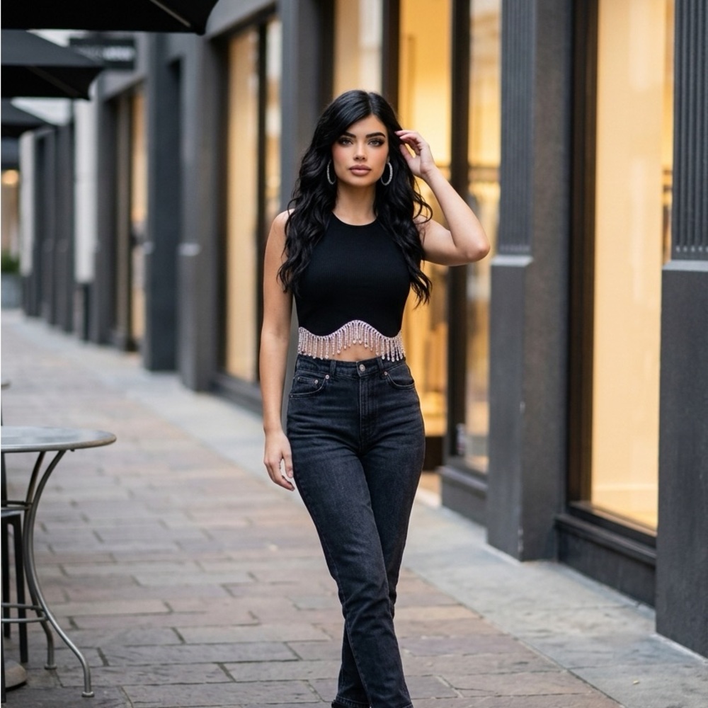 Fashion Nova Black Cropped Tank with Fringe Trim